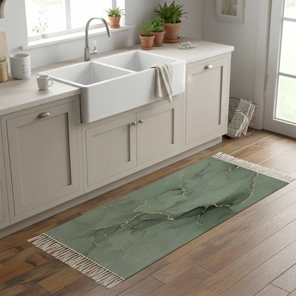 Kitchen Runner Rugs, Abstract Modern Sage Green Marble 2'x6' Throw Rug with Tassels, Natural Texture Gold Stripe Washable Soft Floor Carpet Runner for Hallway Bedroom Bathroom Laundry Room