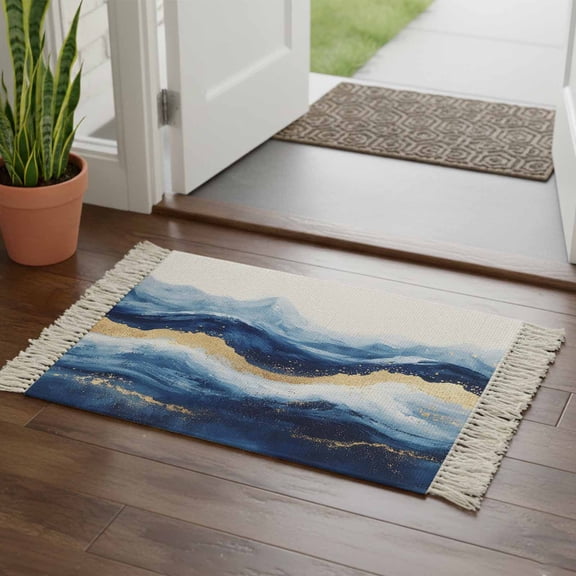Kitchen Runner Rugs, Abstract Ocean Rough Sea 2'x3' Throw Rug with Tassels, Marine Big Wave Navy Blue Gold Washable Soft Floor Carpet Runner for Hallway Bedroom Bathroom Laundry Room
