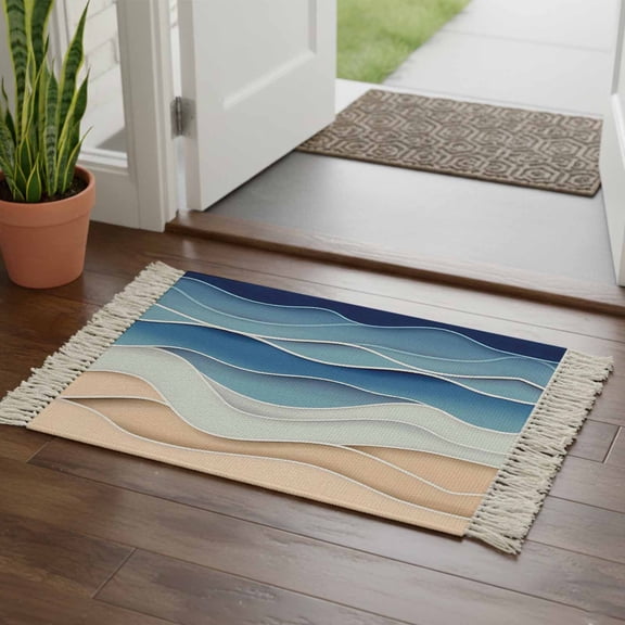 Kitchen Runner Rugs, Abstract Ocean Waves Stripes 2'x3' Throw Rug with Tassels, Blue Gradient Water Ripples Washable Soft Floor Carpet Runner for Hallway Bedroom Bathroom Laundry Room