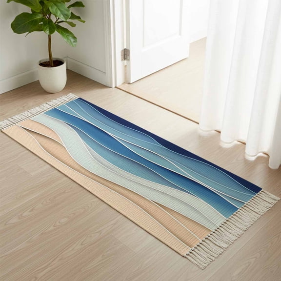 Kitchen Runner Rugs, Abstract Ocean Waves Stripes 2'x4' Throw Rug with Tassels, Blue Gradient Water Ripples Washable Soft Floor Carpet Runner for Hallway Bedroom Bathroom Laundry Room
