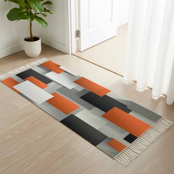 Kitchen Runner Rugs, Abstract Orange Gray Color Block 2'x4' Throw Rug with Tassels, Modern Geometric Art Washable Soft Floor Carpet Runner for Hallway Bedroom Bathroom Laundry Room