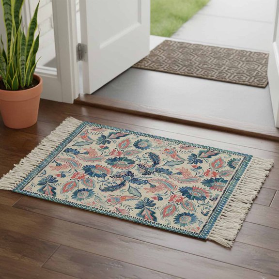 Kitchen Runner Rugs, Abstract Paisley Flower Leaves Texture 2'x3' Throw Rug with Tassels, Seamless Retro Floral Art Washable Soft Floor Carpet Runner for Hallway Bedroom Bathroom Laundry Room