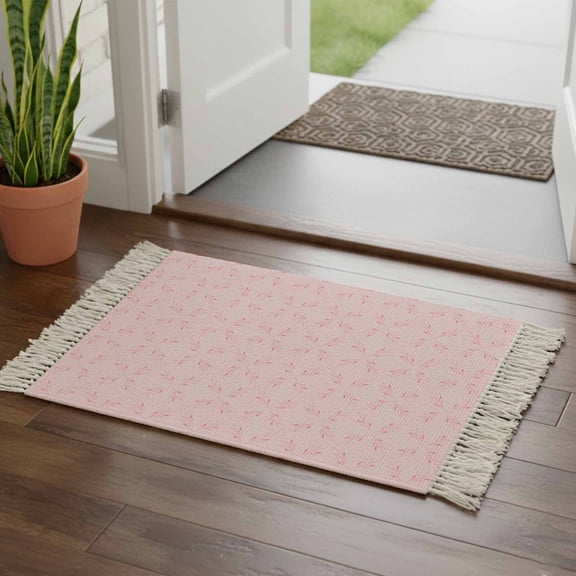 Kitchen Runner Rugs, Abstract Pink Morocco Plaid 2'x3' Throw Rug with Tassels, Country Leaf Diamond Washable Soft Floor Carpet Runner for Hallway Bedroom Bathroom Laundry Room