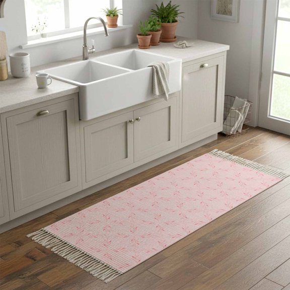 Kitchen Runner Rugs, Abstract Pink Morocco Plaid 2'x6' Throw Rug with Tassels, Country Leaf Diamond Washable Soft Floor Carpet Runner for Hallway Bedroom Bathroom Laundry Room