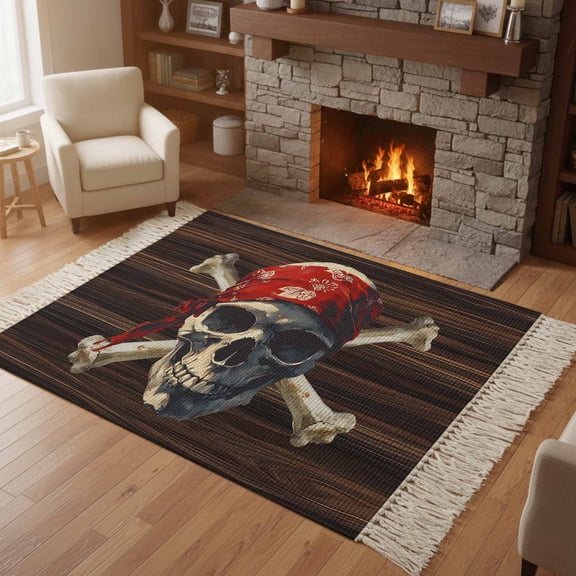 Kitchen Runner Rugs, Abstract Punk Pirate Skull 4'x6' Throw Rug with Tassels, Crossbones on Brown Wood Board Washable Soft Floor Carpet Runner for Hallway Bedroom Bathroom Laundry Room