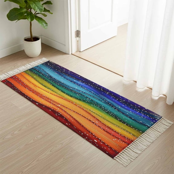 Kitchen Runner Rugs, Abstract Rainbow Waves Marble 2'x4' Throw Rug with Tassels, Modern Watercolor Beach Washable Soft Floor Carpet Runner for Hallway Bedroom Bathroom Laundry Room