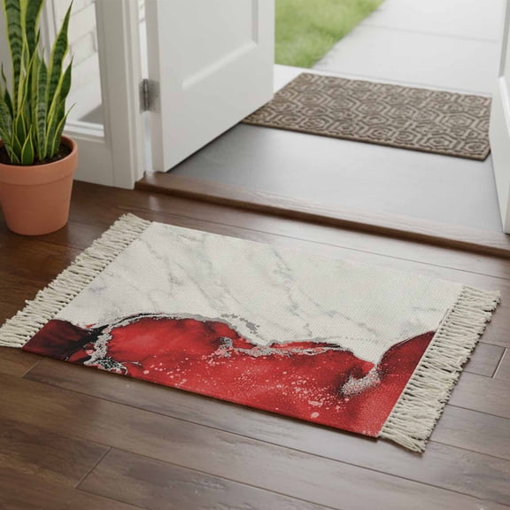 Kitchen Runner Rugs, Abstract Red White Marble Texture 2'x3' Throw Rug with Tassels, Vintage Waves Line Washable Soft Floor Carpet Runner for Hallway Bedroom Bathroom Laundry Room