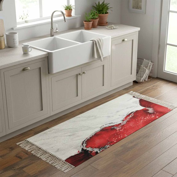 Kitchen Runner Rugs, Abstract Red White Marble Texture 2'x6' Throw Rug with Tassels, Vintage Waves Line Washable Soft Floor Carpet Runner for Hallway Bedroom Bathroom Laundry Room