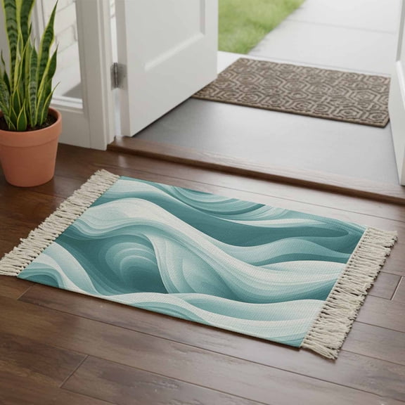 Kitchen Runner Rugs, Abstract Teal White Wave Stripe 2'x3' Throw Rug with Tassels, Modern Water Ripple Texture Washable Soft Floor Carpet Runner for Hallway Bedroom Bathroom Laundry Room