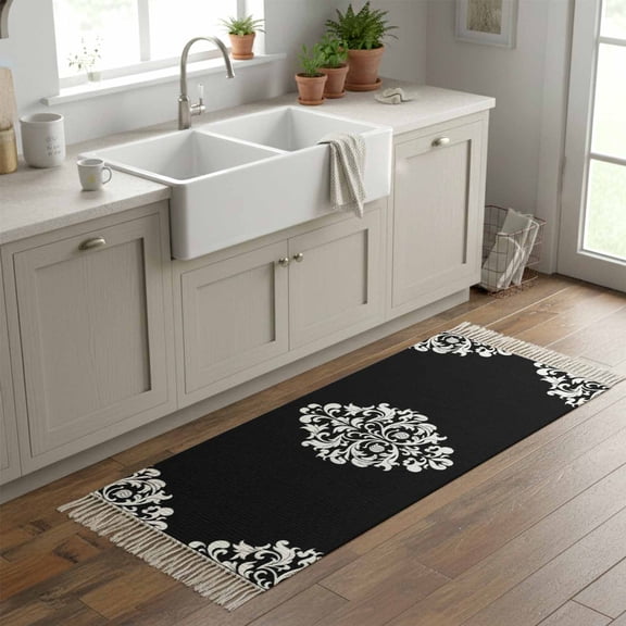 Kitchen Runner Rugs, Aesthetic Boho Black White Floral 2'x6' Throw Rug with Tassels, Abstract Minimalist Art Washable Soft Floor Carpet Runner for Hallway Bedroom Bathroom Laundry Room
