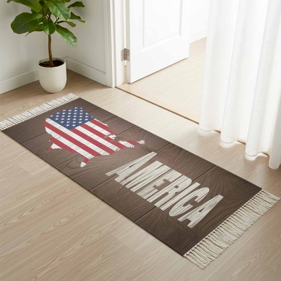 Kitchen Runner Rugs, American Independence Day 2'x4' Throw Rug with Tassels, USA Flag Map on Wood Grain Washable Soft Floor Carpet Runner for Hallway Bedroom Bathroom Laundry Room