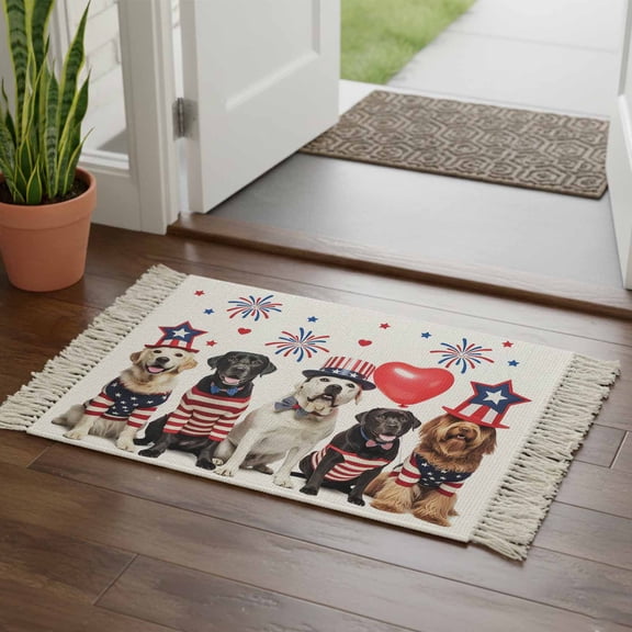 Kitchen Runner Rugs, American Patriotic Dog 2'x3' Throw Rug with Tassels, Independence Day USA Flag Animal Washable Soft Floor Carpet Runner for Hallway Bedroom Bathroom Laundry Room