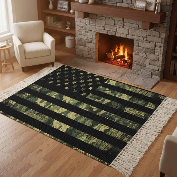 Kitchen Runner Rugs, American Retro Stars and Stripes Flag 4'x6' Throw Rug with Tassels, Forests Army Camouflage Washable Soft Floor Carpet Runner for Hallway Bedroom Bathroom Laundry Room