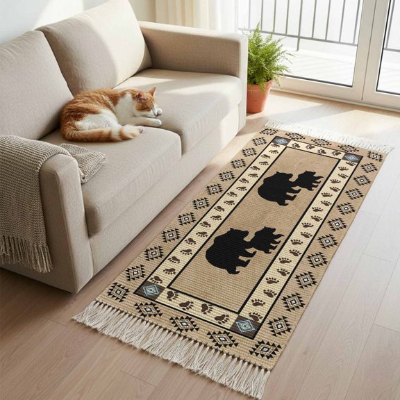 Kitchen Runner Rugs, Autumn Black Bear Footprints 2'x5' Throw Rug with Tassels, Geometric Boho Artwork Washable Soft Floor Carpet Runner for Hallway Bedroom Bathroom Laundry Room