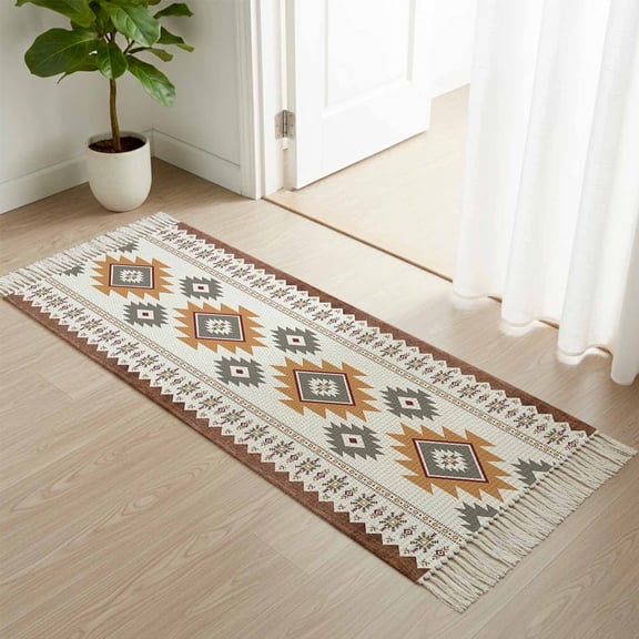 Kitchen Runner Rugs, Aztec Boho Stripe Ethnic Style 2'x4' Throw Rug with Tassels, Tribal Totem Brown Wood Grain Washable Soft Floor Carpet Runner for Hallway Bedroom Bathroom Laundry Room