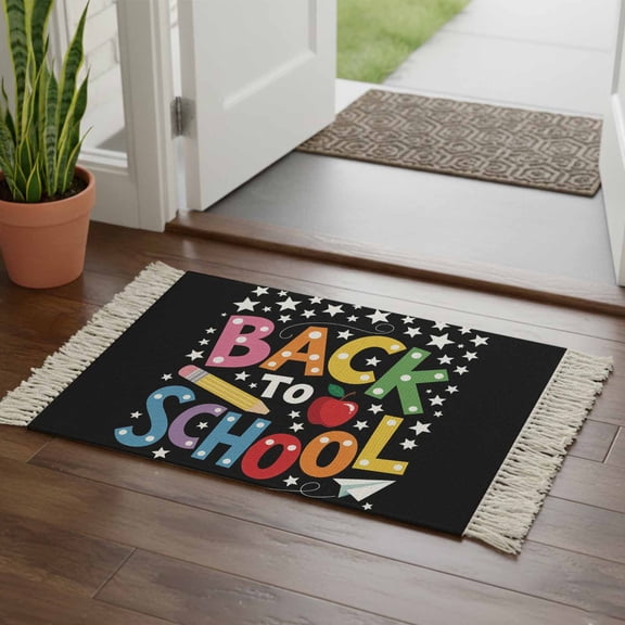 Kitchen Runner Rugs, Back to School Pencil Apples 2'x3' Throw Rug with Tassels, White Stars on Black Washable Soft Floor Carpet Runner for Hallway Bedroom Bathroom Laundry Room