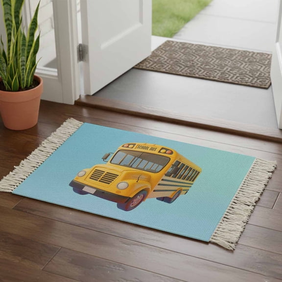 Kitchen Runner Rugs, Back-to-school Season 2'x3' Throw Rug with Tassels, Yellow School Bus Washable Soft Floor Carpet Runner for Hallway Bedroom Bathroom Laundry Room