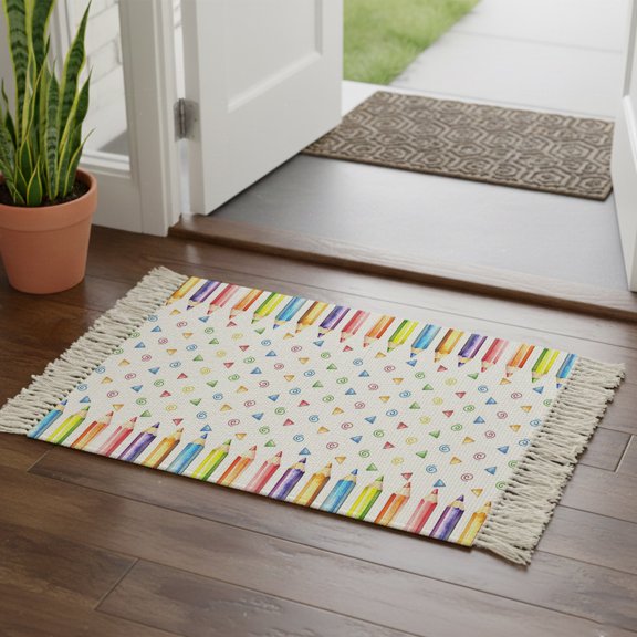 Kitchen Runner Rugs, Back-to-school Season Pencil 2'x3' Throw Rug with Tassels, Childlike Colored Pencils Washable Soft Floor Carpet Runner for Hallway Bedroom Bathroom Laundry Room