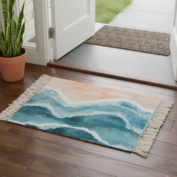 Kitchen Runner Rugs, Beach Blue Water Ripple 2'x3' Throw Rug with Tassels, Abstract Waves Gradient Washable Soft Floor Carpet Runner for Hallway Bedroom Bathroom Laundry Room