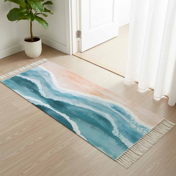Kitchen Runner Rugs, Beach Blue Water Ripple 2'x4' Throw Rug with Tassels, Abstract Waves Gradient Washable Soft Floor Carpet Runner for Hallway Bedroom Bathroom Laundry Room