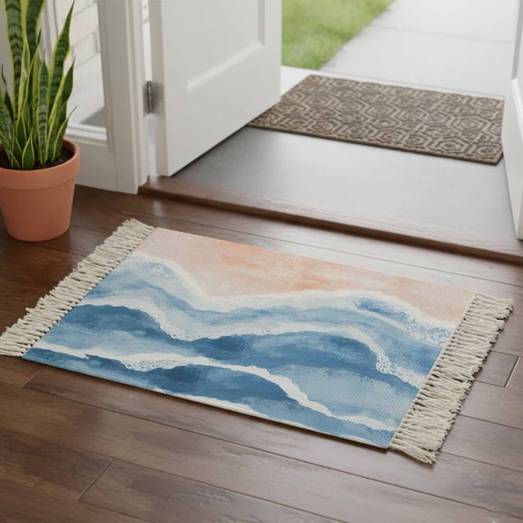 Kitchen Runner Rugs, Beach Blue Waves Gradient Water Ripple 2'x3' Throw Rug with Tassels, Abstract Geometric Style Washable Soft Floor Carpet Runner for Hallway Bedroom Bathroom Laundry Room