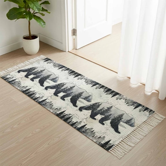 Kitchen Runner Rugs, Bear Vintage Forest Pine Tree 2'x4' Throw Rug with Tassels, Abstract Mottled Texture Washable Soft Floor Carpet Runner for Hallway Bedroom Bathroom Laundry Room