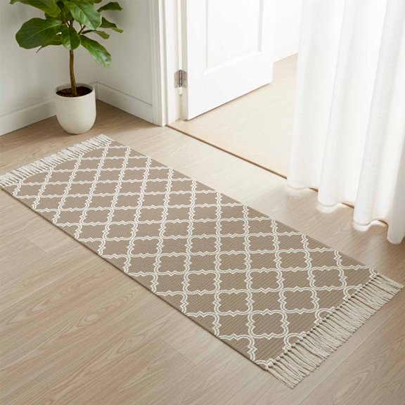 Kitchen Runner Rugs, Beige Morrocan Plaid Geometric Art Check 2'x4' Throw Rug with Tassels, Retro Lattice Washable Soft Floor Carpet Runner for Hallway Bedroom Bathroom Laundry Room