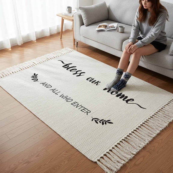 Kitchen Runner Rugs, Black Chic Healing Quotes 3'x5' Throw Rug with Tassels, White Washable Soft Floor Carpet Runner for Hallway Bedroom Bathroom Laundry Room