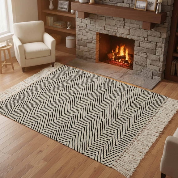 Kitchen Runner Rugs, Black Herringbone Retro Linen 4'x6' Throw Rug with Tassels, Abstract Geometric Texture Washable Soft Floor Carpet Runner for Hallway Bedroom Bathroom Laundry Room