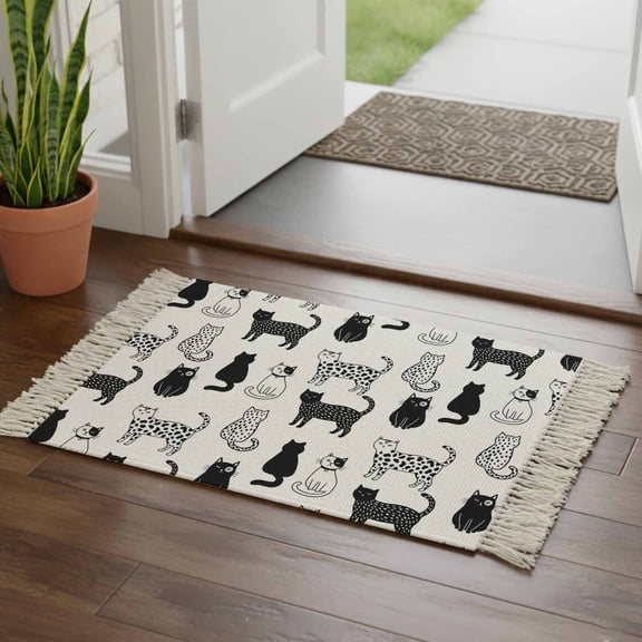Kitchen Runner Rugs, Black White Cats 2'x3' Throw Rug with Tassels, Cute Spotted Leopard Print Kitty Washable Soft Floor Carpet Runner for Hallway Bedroom Bathroom Laundry Room