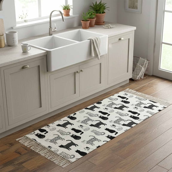 Kitchen Runner Rugs, Black White Cats 2'x6' Throw Rug with Tassels, Cute Spotted Leopard Print Kitty Washable Soft Floor Carpet Runner for Hallway Bedroom Bathroom Laundry Room