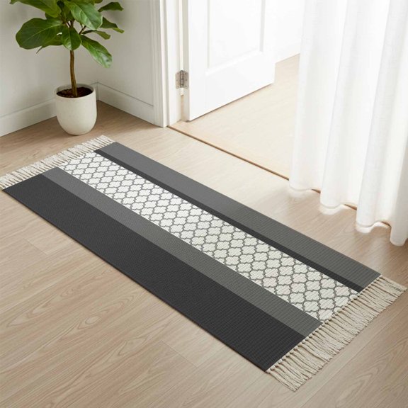 Kitchen Runner Rugs, Black White Moroccan Trellis 2'x4' Throw Rug with Tassels, Modern Stitching Washable Soft Floor Carpet Runner for Hallway Bedroom Bathroom Laundry Room