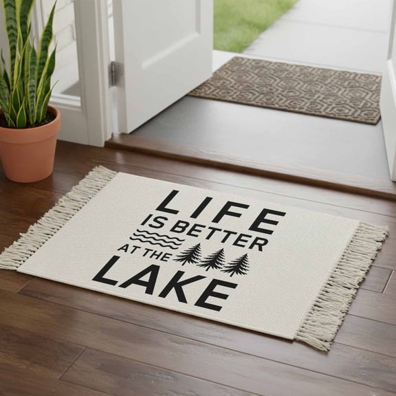 Kitchen Runner Rugs, Black White Quote Tree 2'x3' Throw Rug with Tassels, LIFE IS THE BETTER AT THE BEACH Washable Soft Floor Carpet Runner for Hallway Bedroom Bathroom Laundry Room