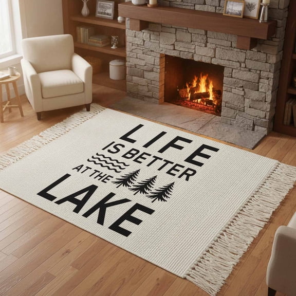 Kitchen Runner Rugs, Black White Quote Tree 4'x6' Throw Rug with Tassels, LIFE IS THE BETTER AT THE BEACH Washable Soft Floor Carpet Runner for Hallway Bedroom Bathroom Laundry Room