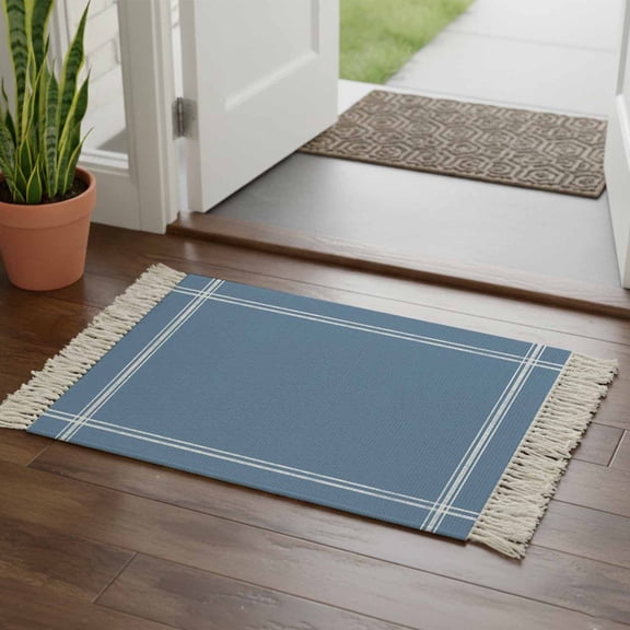 Kitchen Runner Rugs, Blonde Blue Pure Color 2'x3' Throw Rug with Tassels, Minimalist Style Washable Soft Floor Carpet Runner for Hallway Bedroom Bathroom Laundry Room