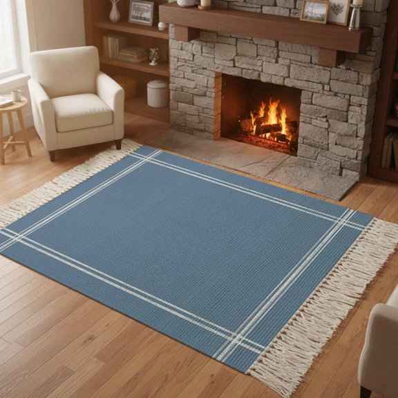 Kitchen Runner Rugs, Blonde Blue Pure Color 4'x6' Throw Rug with Tassels, Minimalist Style Washable Soft Floor Carpet Runner for Hallway Bedroom Bathroom Laundry Room