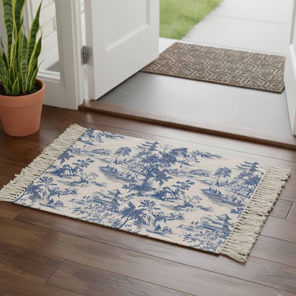 Kitchen Runner Rugs, Blue Chinoiserie Garden Pavilion 2'x3' Throw Rug with Tassels, Asian Scenic Hill Boat Plant Washable Soft Floor Carpet Runner for Hallway Bedroom Bathroom Laundry Room