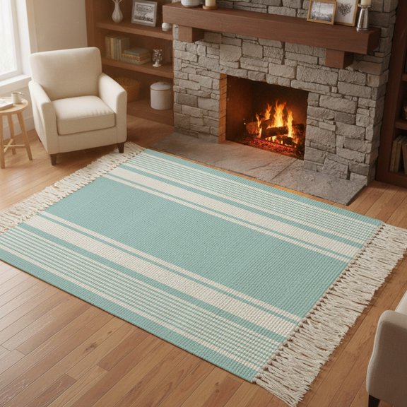 Kitchen Runner Rugs, Blue Cyan White Striped 4'x6' Throw Rug with Tassels, Geometric Horizontal Lines Washable Soft Floor Carpet Runner for Hallway Bedroom Bathroom Laundry Room