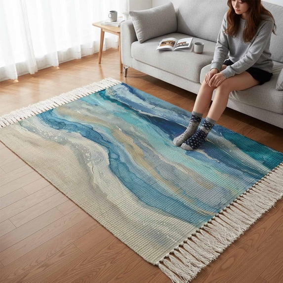 Kitchen Runner Rugs, Blue Gradient Water Ripple 3'x5' Throw Rug with Tassels, Watercolor Oil Painting Art Washable Soft Floor Carpet Runner for Hallway Bedroom Bathroom Laundry Room