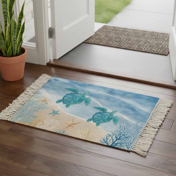Kitchen Runner Rugs, Blue Ocean Wave Sea Turtle 2'x3' Throw Rug with Tassels, Seaside Starfish Coral Washable Soft Floor Carpet Runner for Hallway Bedroom Bathroom Laundry Room