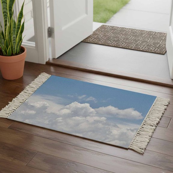 Kitchen Runner Rugs, Blue Sky White Clouds 2'x3' Throw Rug with Tassels, Sunny Gradient Back Washable Soft Floor Carpet Runner for Hallway Bedroom Bathroom Laundry Room