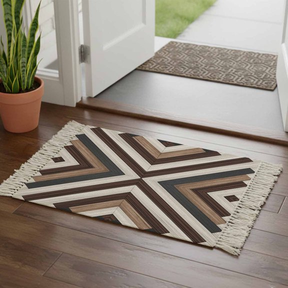 Kitchen Runner Rugs, Bohemian Brown Beige Aztec Texture 2'x3' Throw Rug with Tassels, Western Native Tribal Washable Soft Floor Carpet Runner for Hallway Bedroom Bathroom Laundry Room