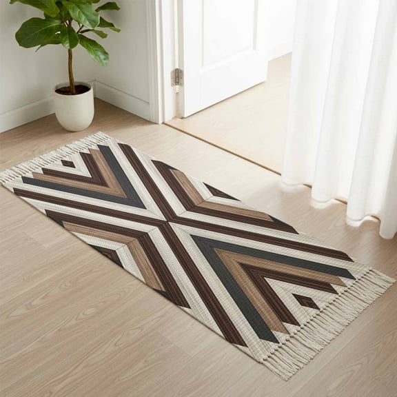 Kitchen Runner Rugs, Bohemian Brown Beige Aztec Texture 2'x4' Throw Rug with Tassels, Western Native Tribal Washable Soft Floor Carpet Runner for Hallway Bedroom Bathroom Laundry Room