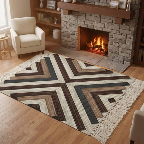 Kitchen Runner Rugs, Bohemian Brown Beige Aztec Texture 4'x6' Throw Rug with Tassels, Western Native Tribal Washable Soft Floor Carpet Runner for Hallway Bedroom Bathroom Laundry Room