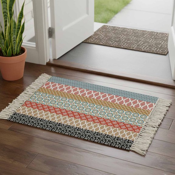 Kitchen Runner Rugs, Boho Abstract Geometric Ethnic Style 2'x3' Throw Rug with Tassels, Damask Floral Moroccan Plaid Washable Soft Floor Carpet Runner for Hallway Bedroom Bathroom Laundry Room