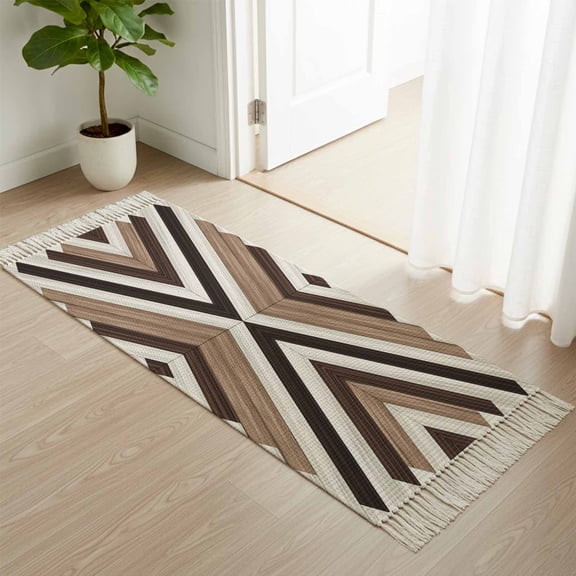 Kitchen Runner Rugs, Boho Aztec Ethnic Style 2'x4' Throw Rug with Tassels, Vintage Wood Grain Washable Soft Floor Carpet Runner for Hallway Bedroom Bathroom Laundry Room