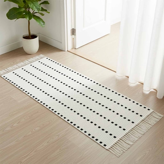 Kitchen Runner Rugs, Boho Black Geometric Dots on White 2'x4' Throw Rug with Tassels, Modern Simplistic Style Washable Soft Floor Carpet Runner for Hallway Bedroom Bathroom Laundry Room
