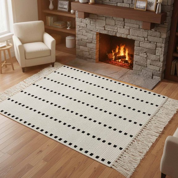 Kitchen Runner Rugs, Boho Black Geometric Dots on White 4'x6' Throw Rug with Tassels, Modern Simplistic Style Washable Soft Floor Carpet Runner for Hallway Bedroom Bathroom Laundry Room