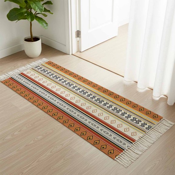 Kitchen Runner Rugs, Boho Farm Ethnic Texture Trabal Art 2'x4' Throw Rug with Tassels, Geometric Stripe Line Diamond Dot Washable Soft Floor Carpet Runner for Hallway Bedroom Bathroom Laundry Room