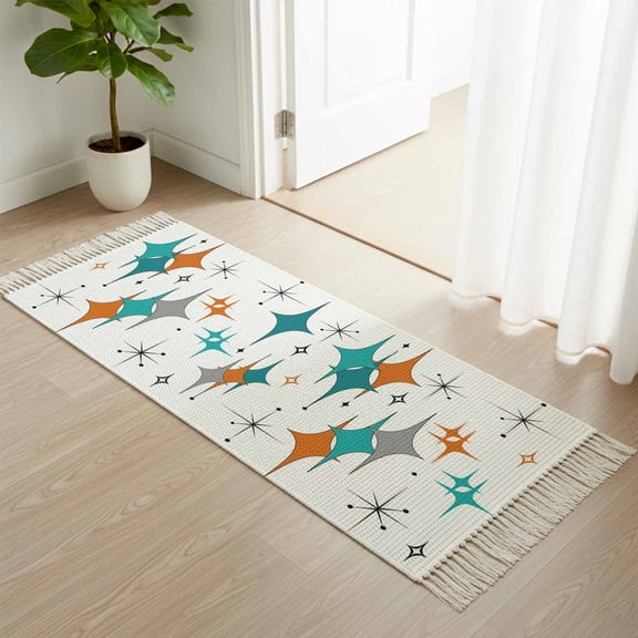 Kitchen Runner Rugs, Boho Mid-Century Diamond Pattern 2'x4' Throw Rug with Tassels, Modern Geometric Theme Washable Soft Floor Carpet Runner for Hallway Bedroom Bathroom Laundry Room